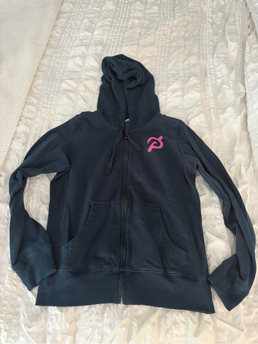 Peloton Navy Zip-Up Hoodie with Pink 'P' Logo